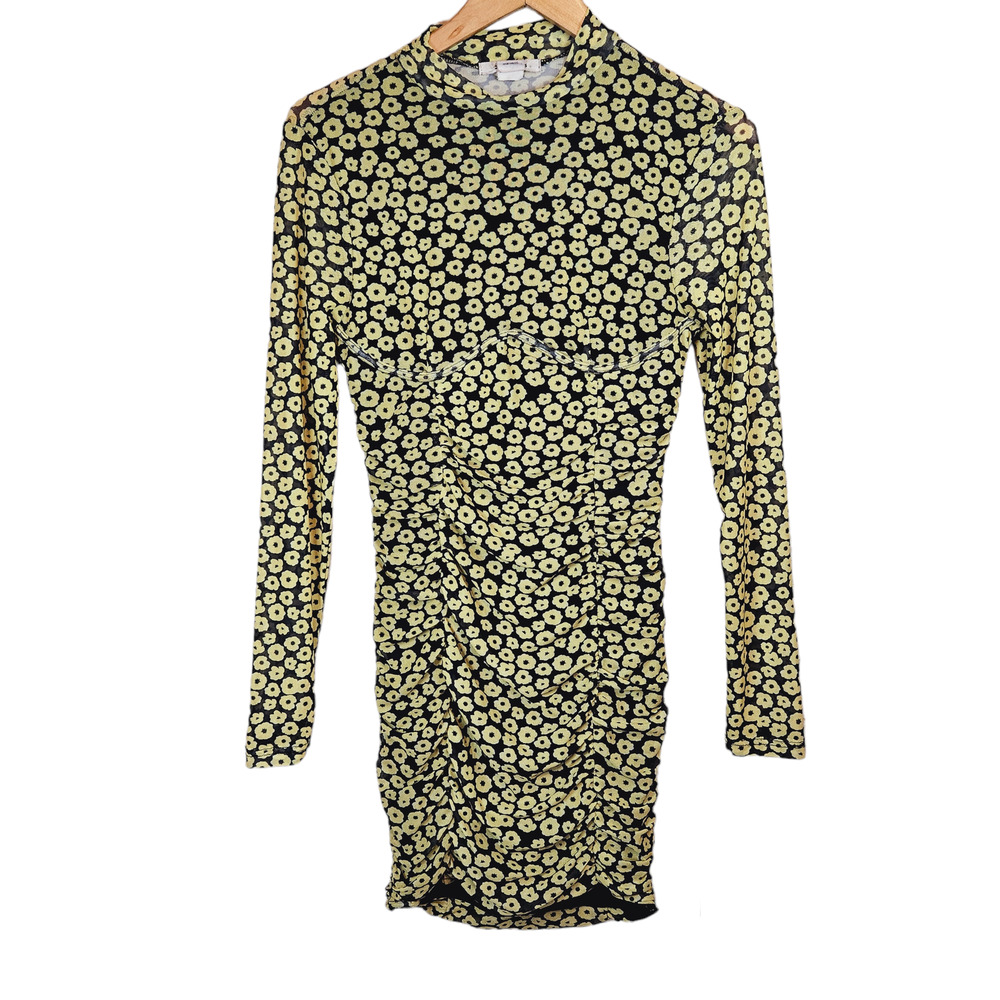 Glamorous Black Multi Floral Mesh Long Sleeved Ruched Mini Dress Women's X-Small